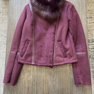 White House Black Market Burgundy Faux-Suede Jacket with Fur Collar